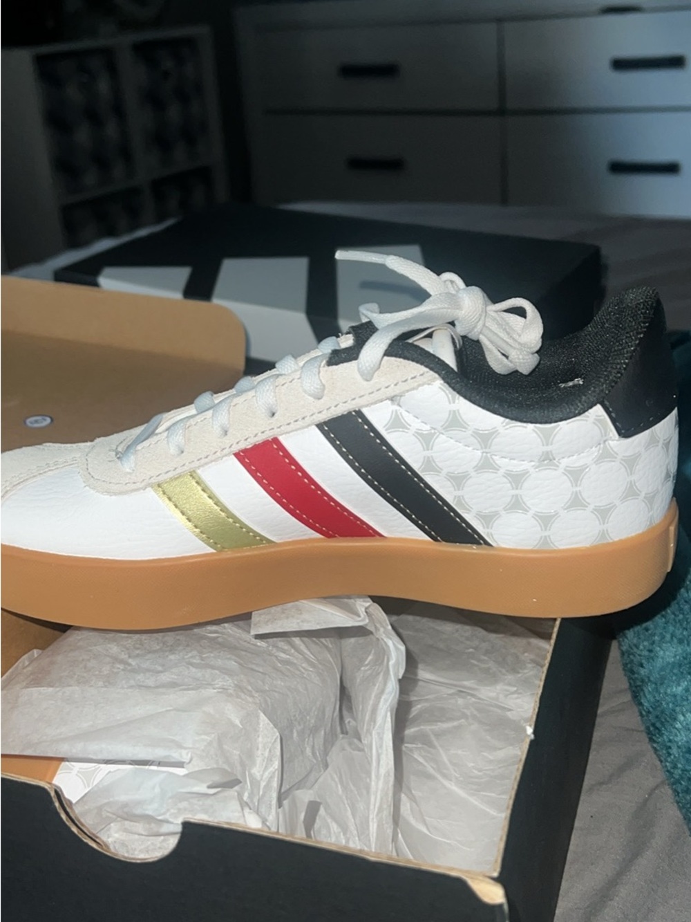 adidas Kids White Sneakers with Gold, Red & Black Stripes